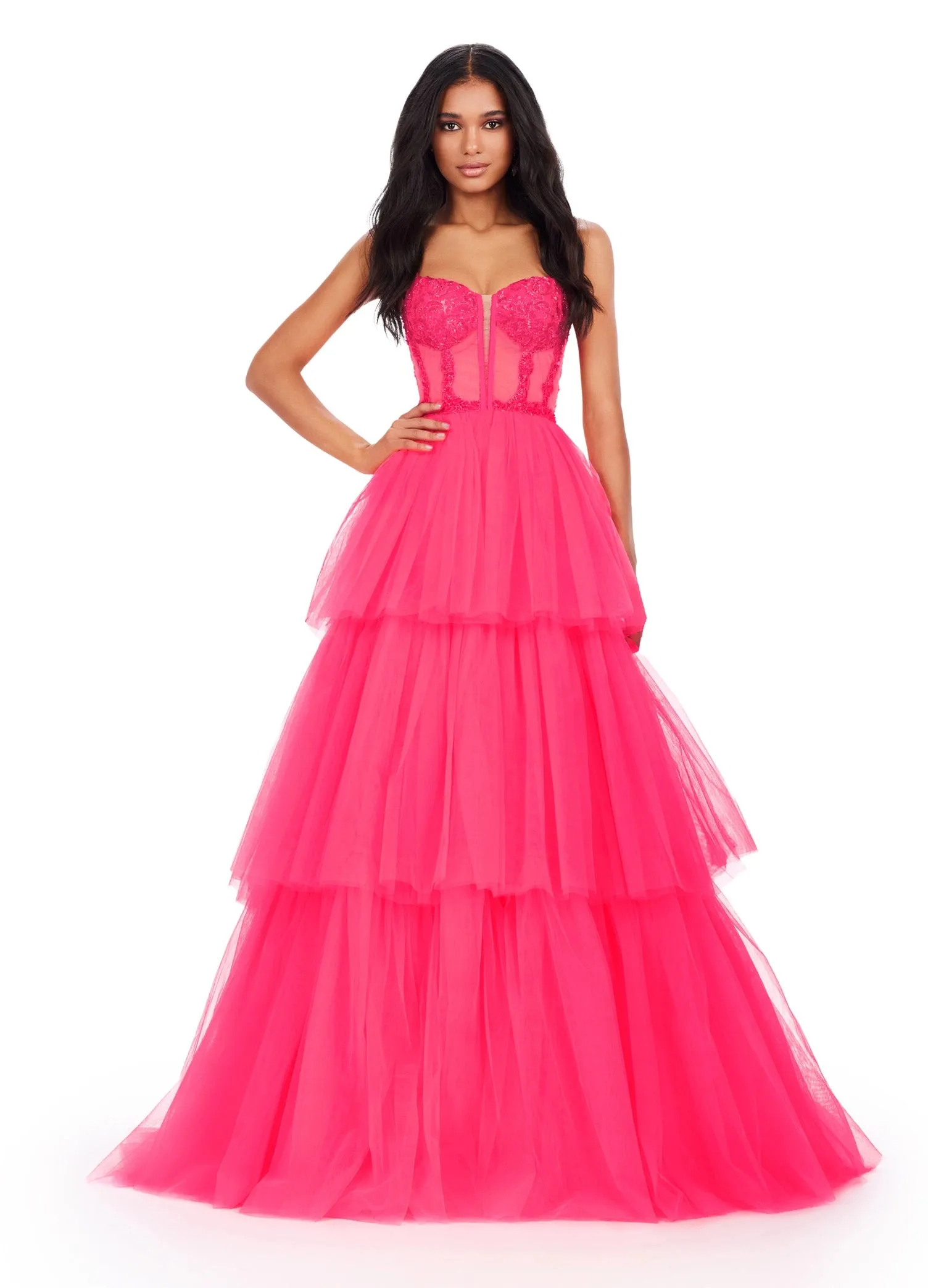 Ashley Lauren 11462 Sheer Beaded Corset Layer Tulle Prom Dress Ballgown Pageant Tiered Gown