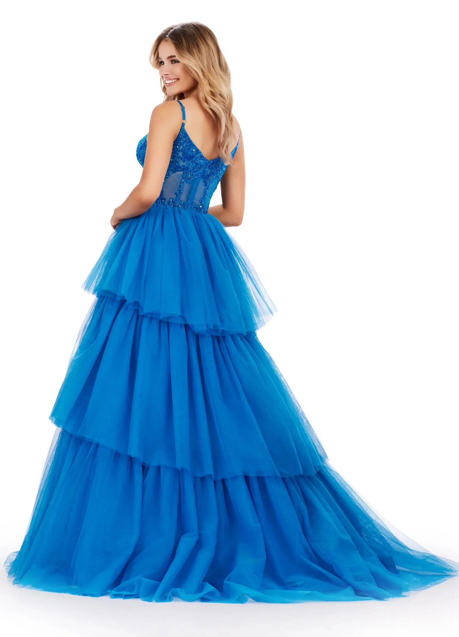 Ashley Lauren 11462 Sheer Beaded Corset Layer Tulle Prom Dress Ballgown Pageant Tiered Gown