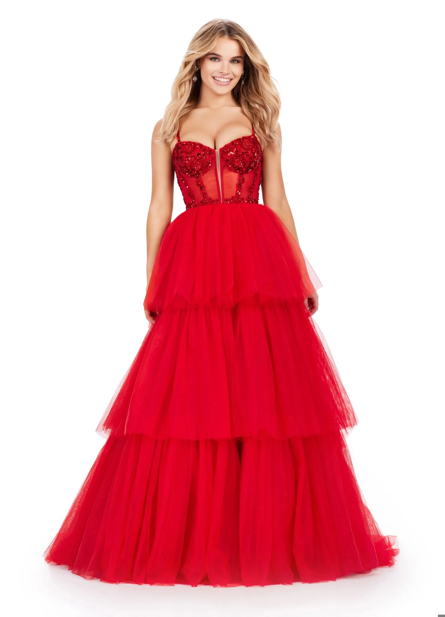 Ashley Lauren 11462 Sheer Beaded Corset Layer Tulle Prom Dress Ballgown Pageant Tiered Gown