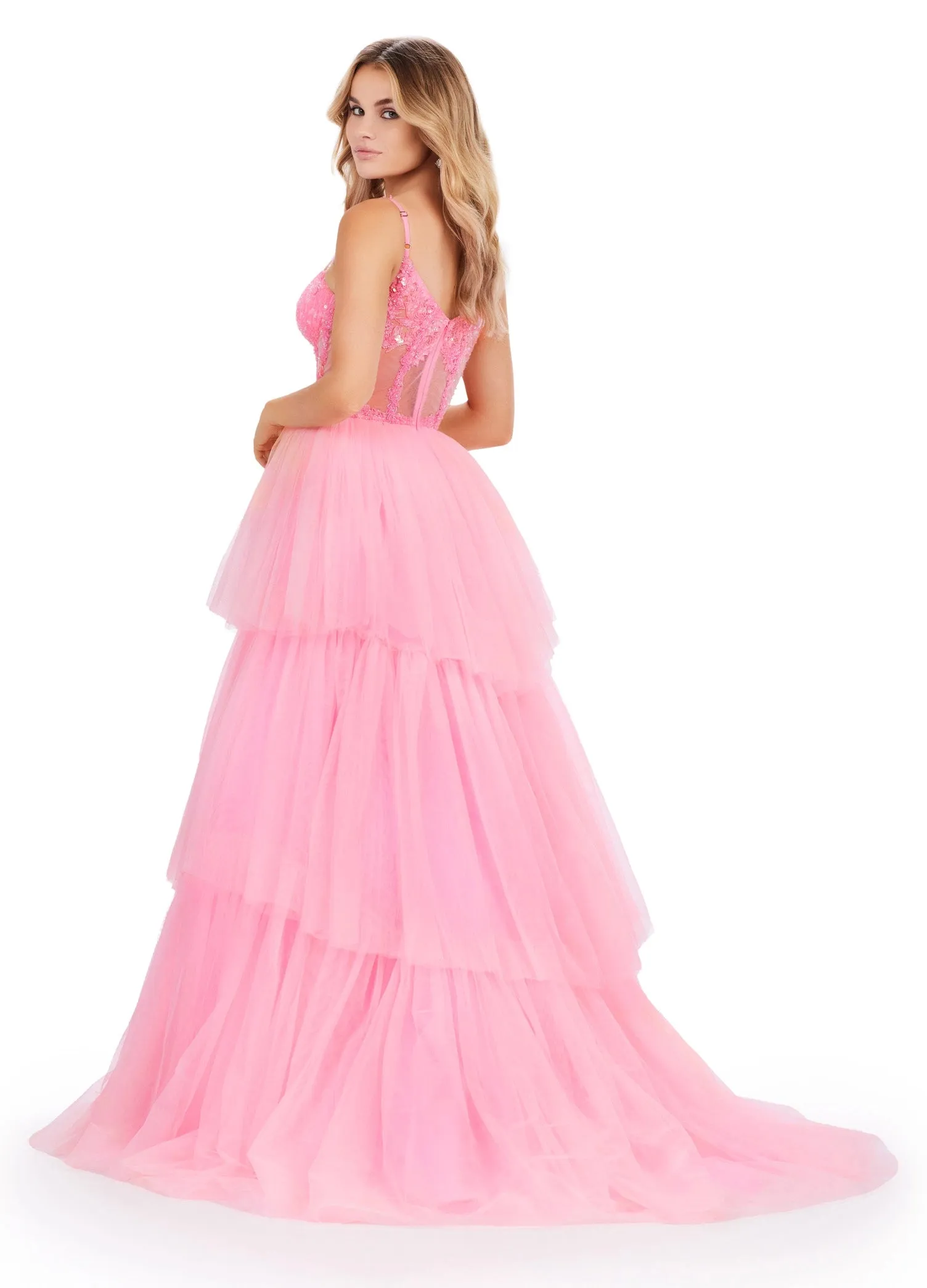 Ashley Lauren 11462 Sheer Beaded Corset Layer Tulle Prom Dress Ballgown Pageant Tiered Gown