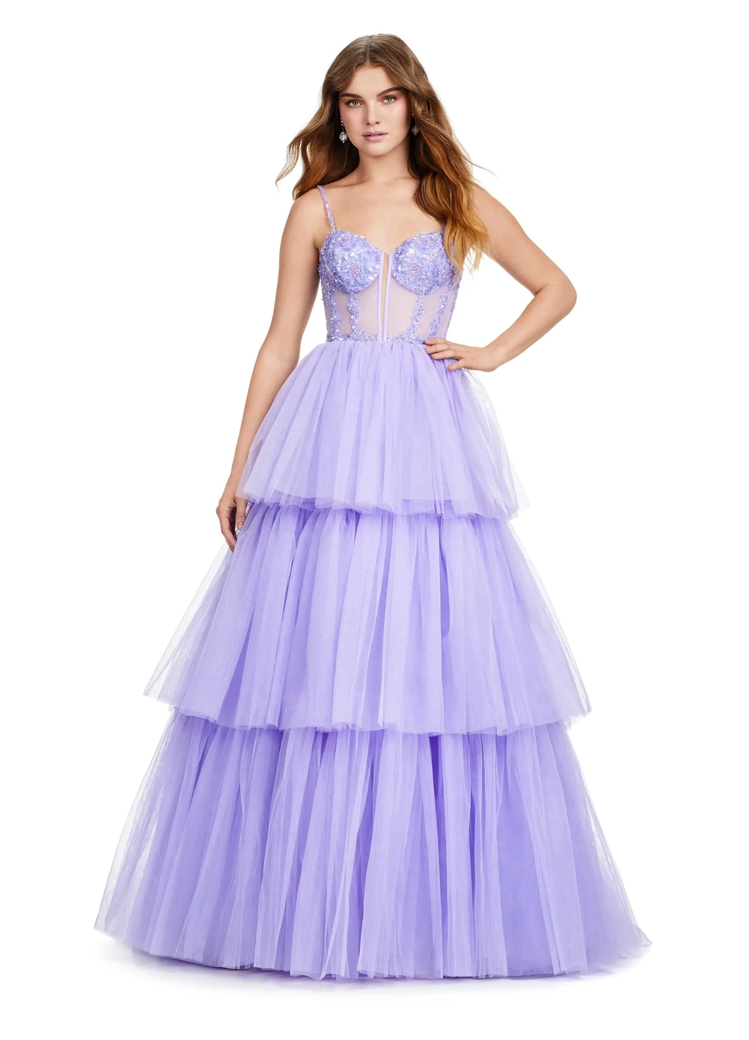 Ashley Lauren 11462 Sheer Beaded Corset Layer Tulle Prom Dress Ballgown Pageant Tiered Gown