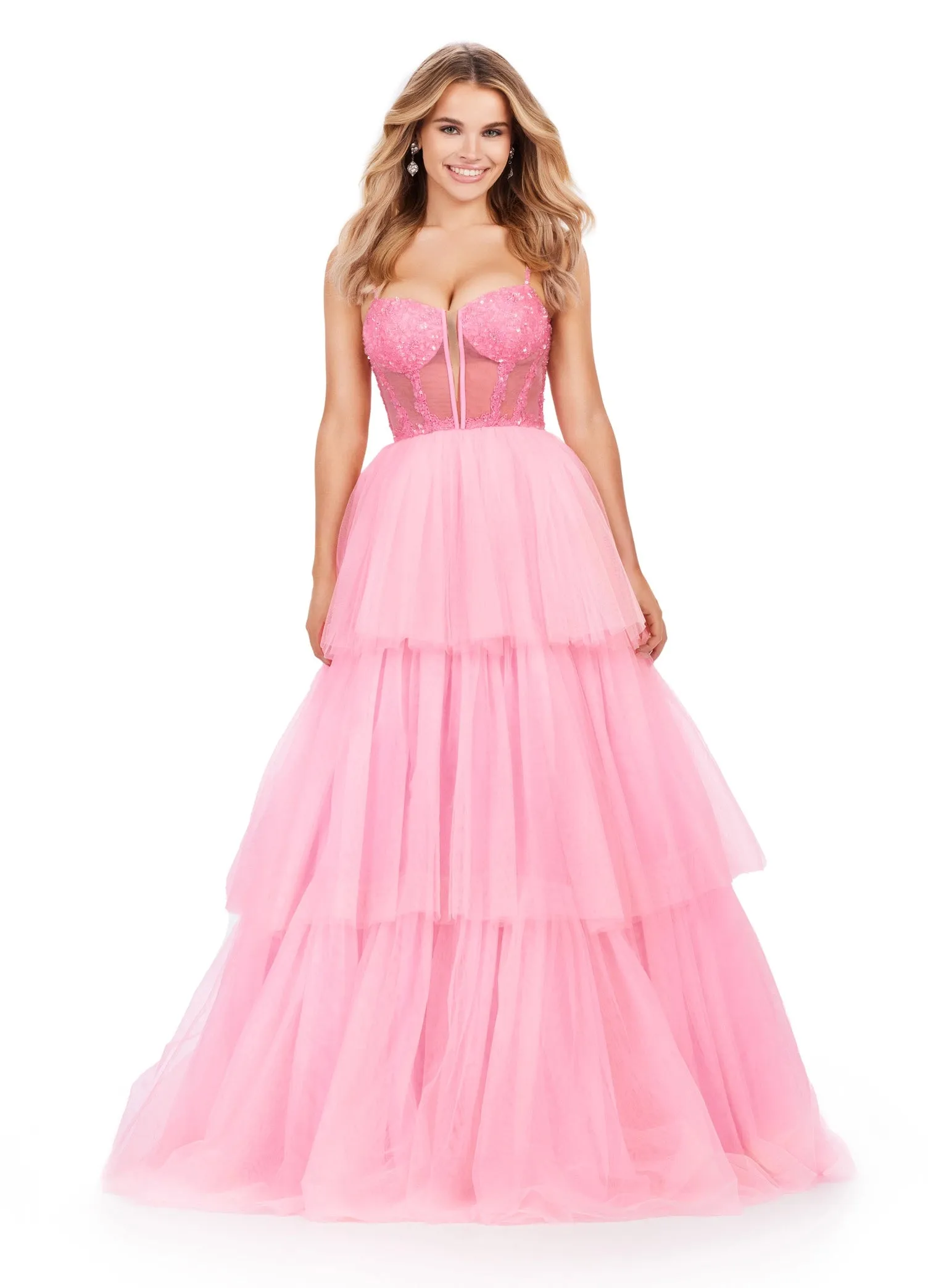 Ashley Lauren 11462 Sheer Beaded Corset Layer Tulle Prom Dress Ballgown Pageant Tiered Gown