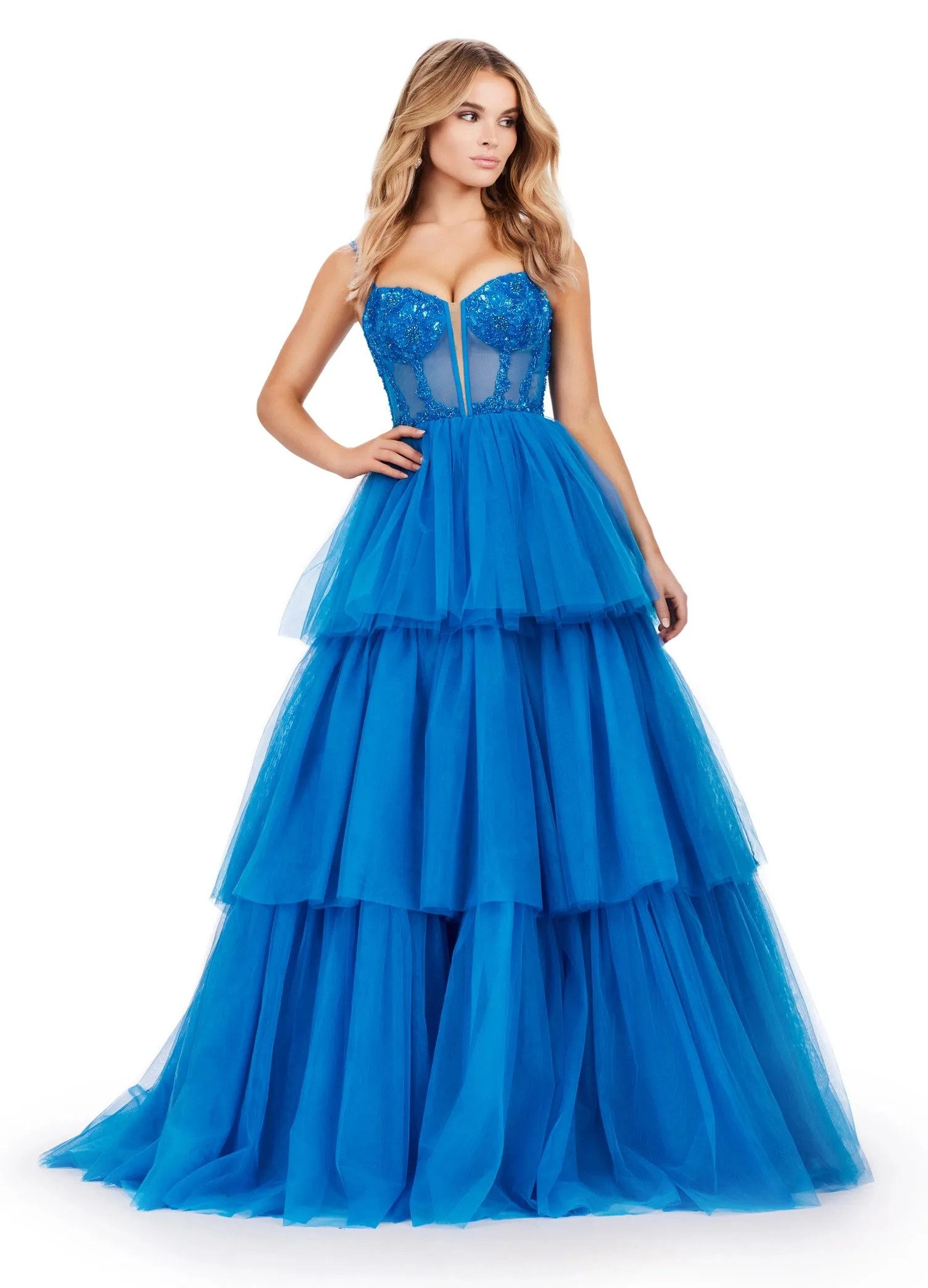 Ashley Lauren 11462 Sheer Beaded Corset Layer Tulle Prom Dress Ballgown Pageant Tiered Gown