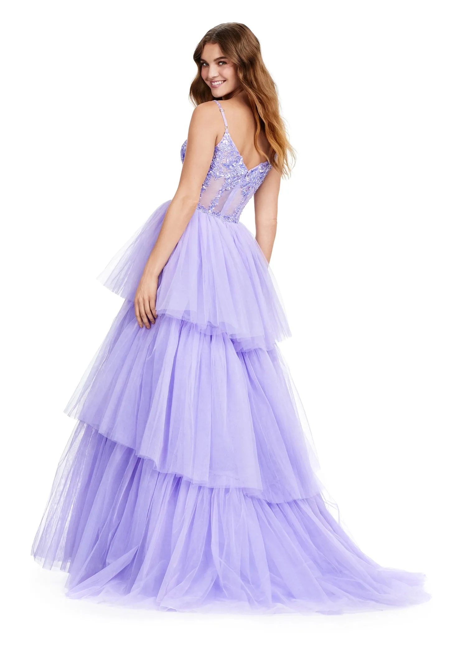 Ashley Lauren 11462 Sheer Beaded Corset Layer Tulle Prom Dress Ballgown Pageant Tiered Gown