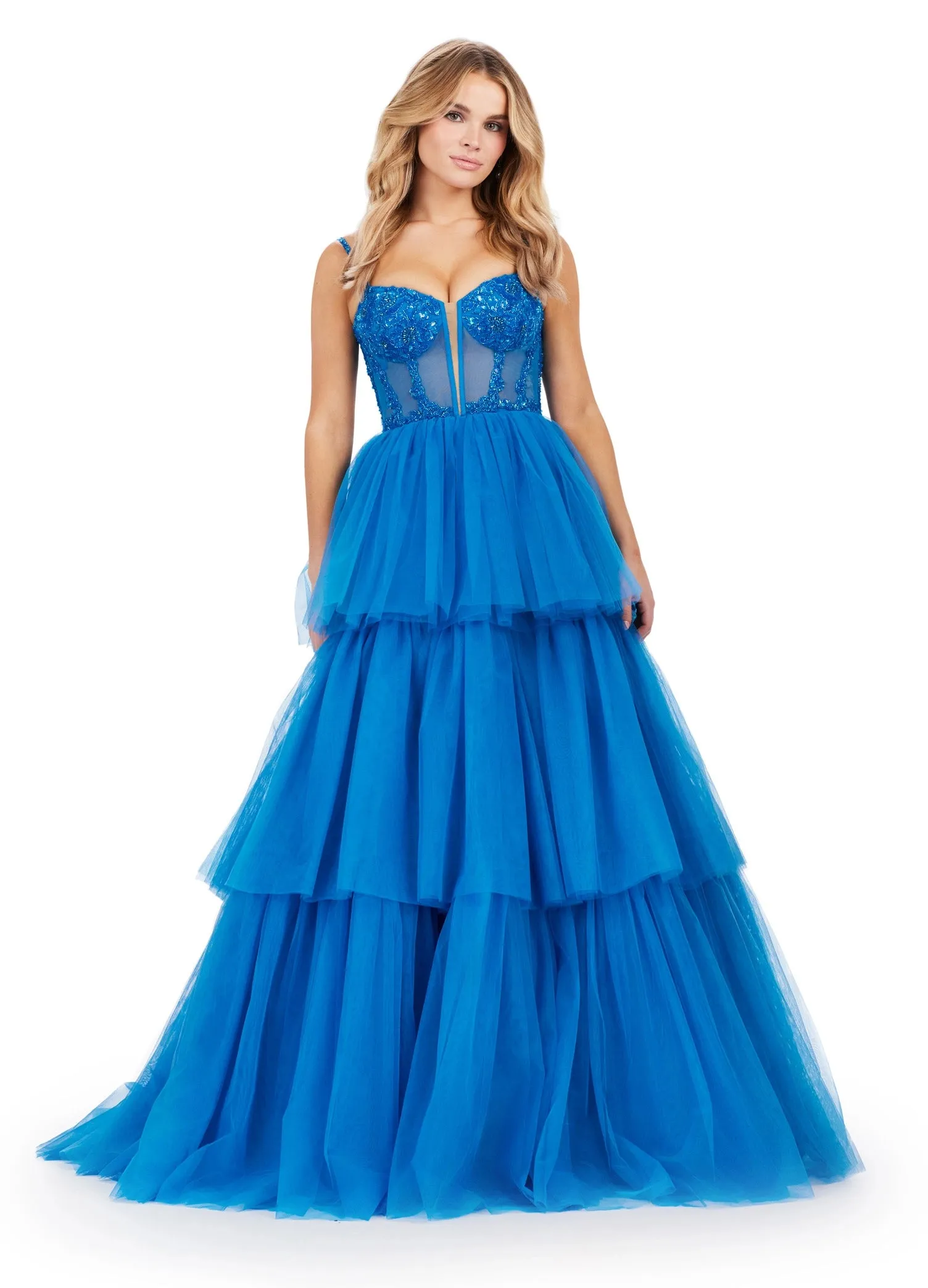 Ashley Lauren 11462 Sheer Beaded Corset Layer Tulle Prom Dress Ballgown Pageant Tiered Gown