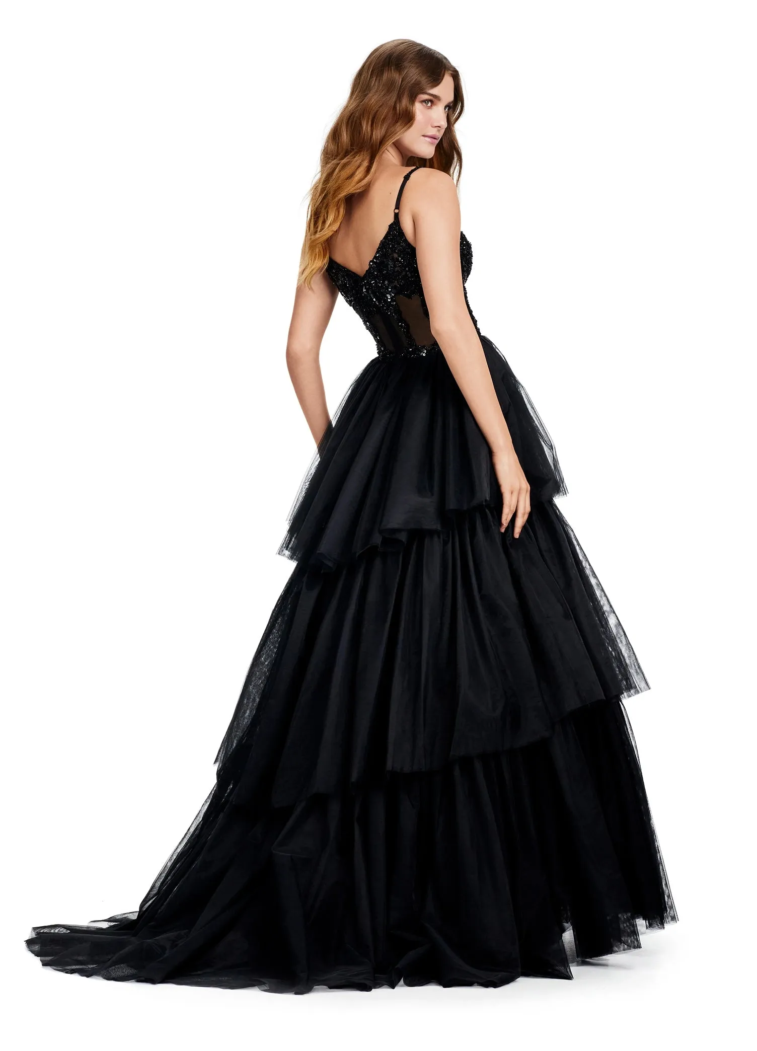 Ashley Lauren 11462 Sheer Beaded Corset Layer Tulle Prom Dress Ballgown Pageant Tiered Gown