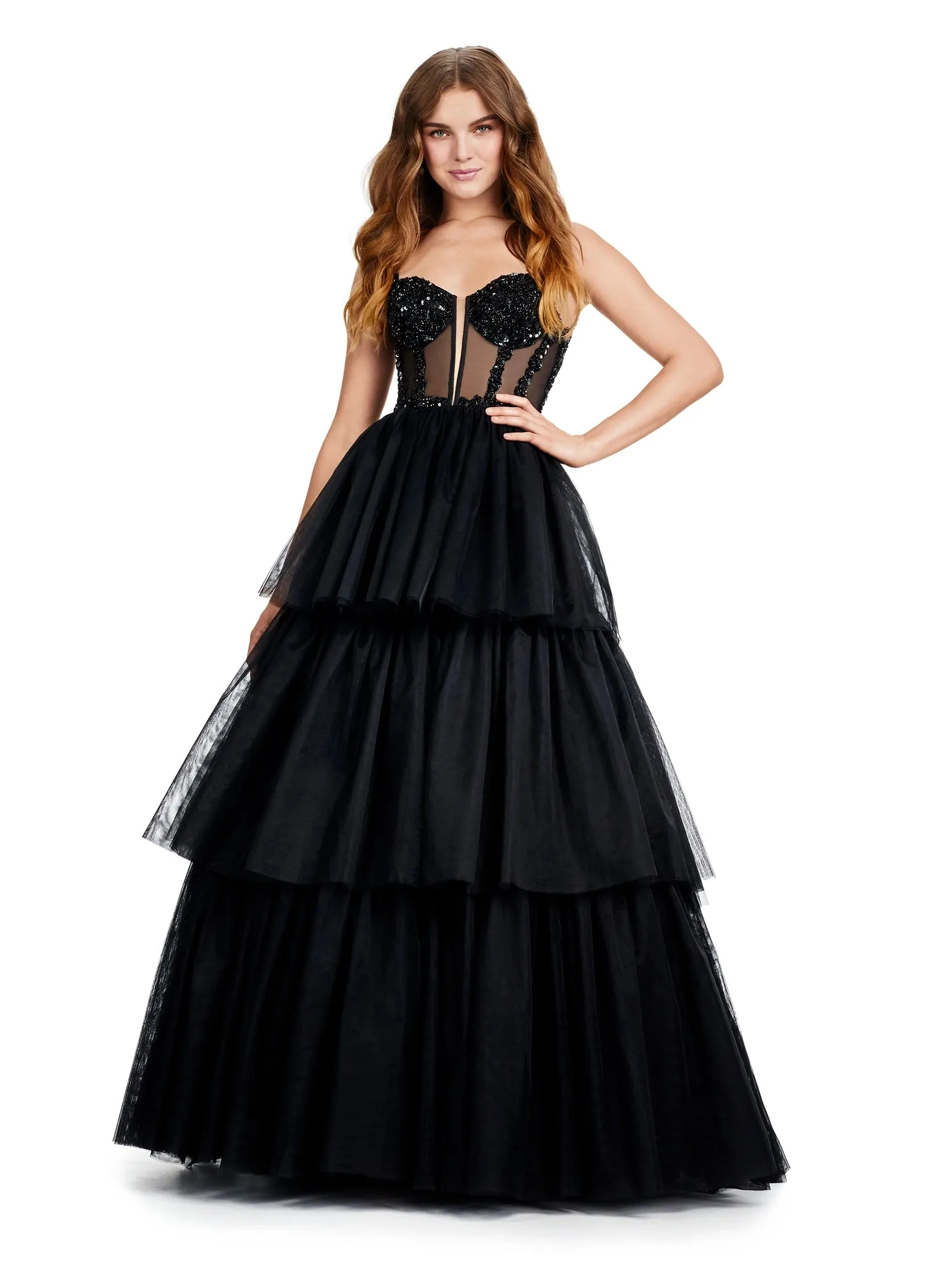 Ashley Lauren 11462 Sheer Beaded Corset Layer Tulle Prom Dress Ballgown Pageant Tiered Gown