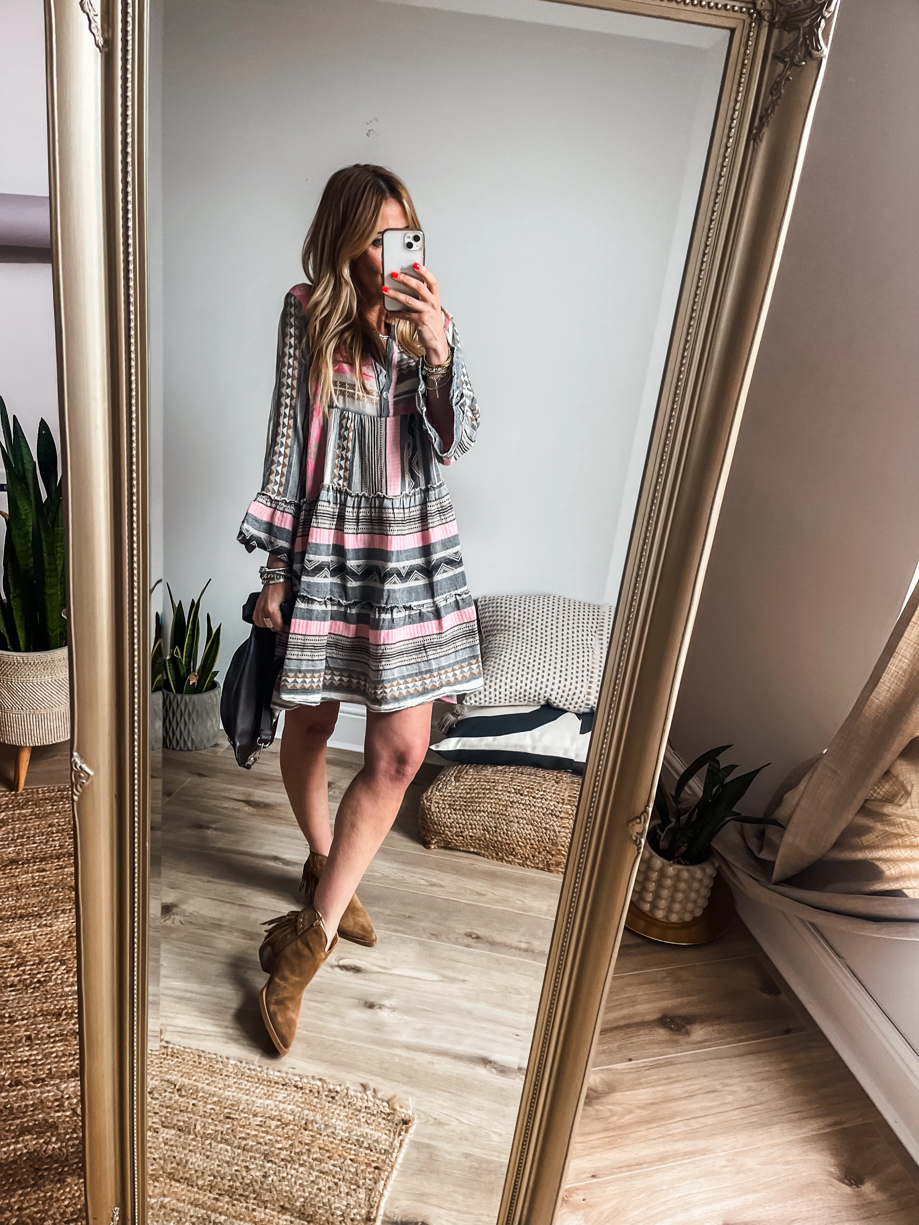 Aztec Print Tiered Smock Mini Dress