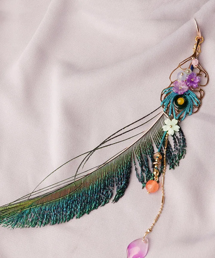 Beautiful Blue Peacock Feather Crystal Pearl Tassel Drop Earrings