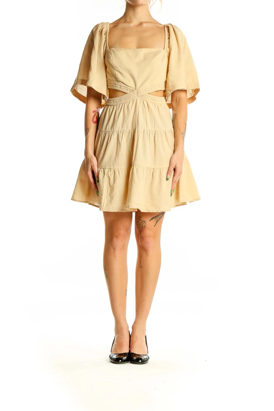 Beige Cutout Tiered Mini Dress