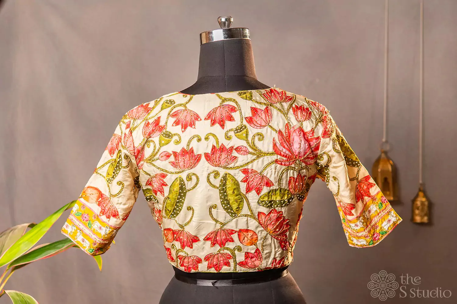 Beige pichwai printed semi silk readymade blouse with hand embroidery