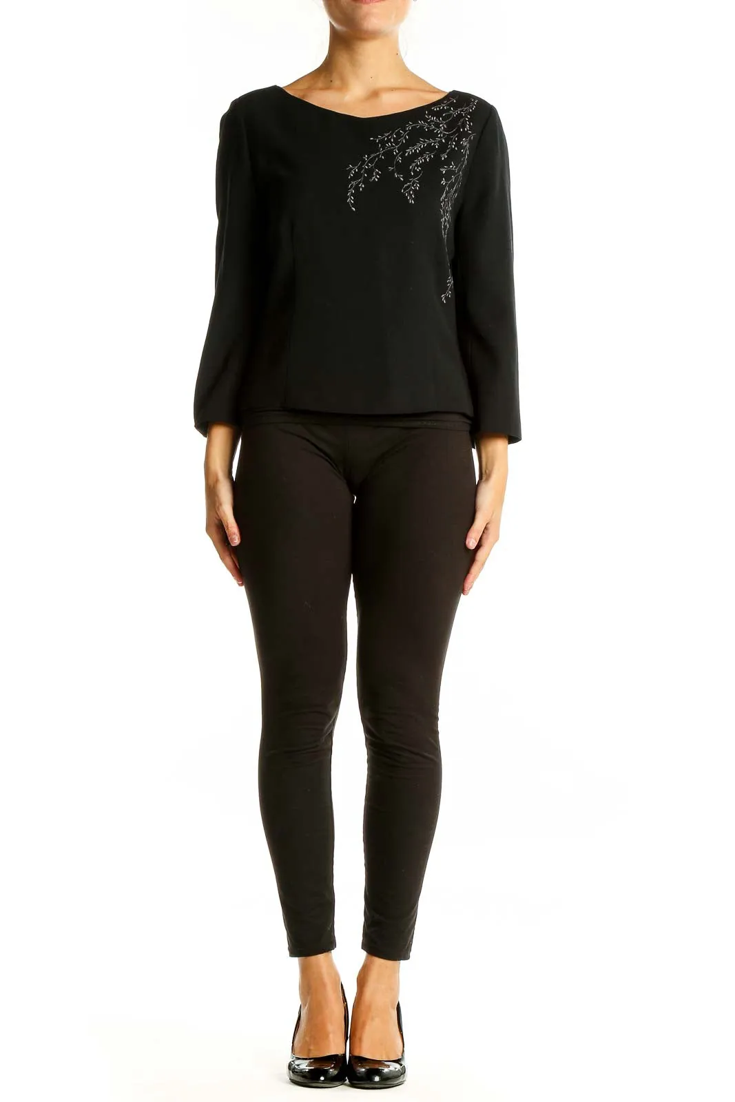 Black Embroidered Acetate-Wool Blend Top