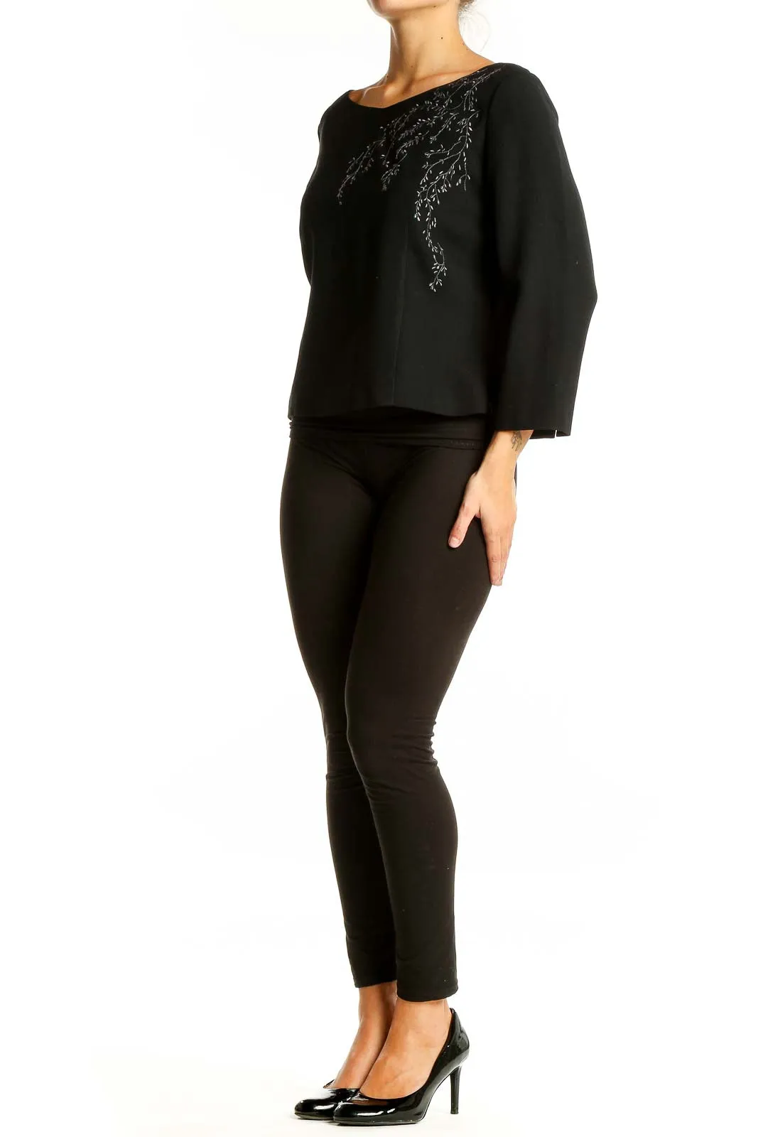 Black Embroidered Acetate-Wool Blend Top