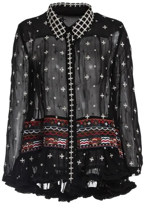 Black Embroidered Ruffle-Trimmed Silk Blouse