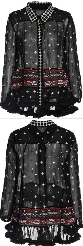 Black Embroidered Ruffle-Trimmed Silk Blouse