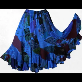 Blue Patchwork Long Swirl Skirt