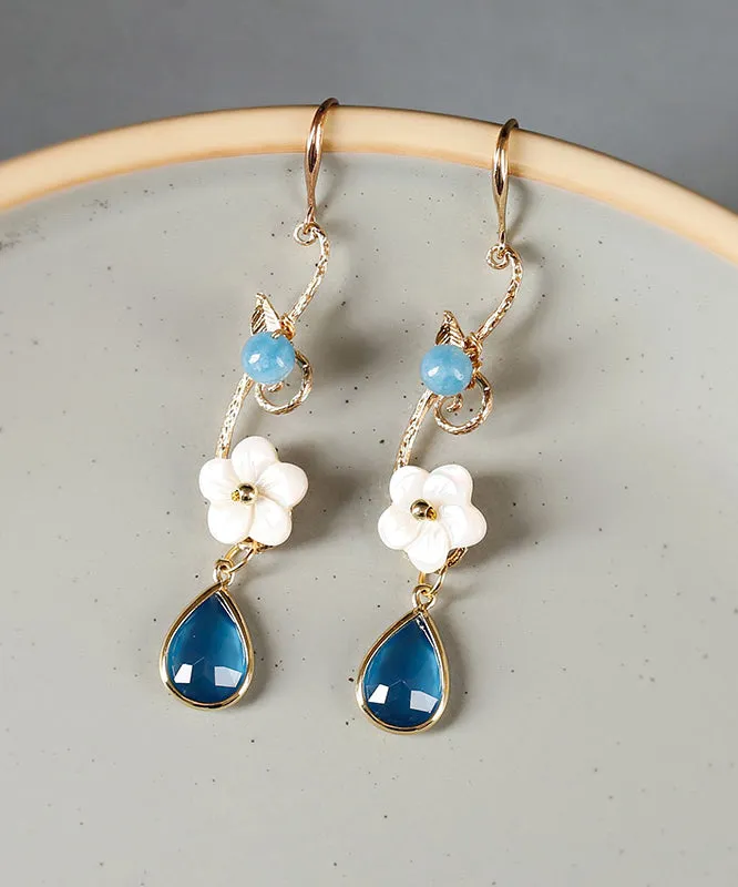 Boho Blue Copper Crystal Coloured Glaze Pearl Shell Flowwer Water Drop Drop Earrings FA296