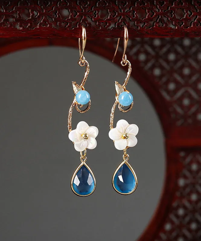 Boho Blue Copper Crystal Coloured Glaze Pearl Shell Flowwer Water Drop Drop Earrings FA296