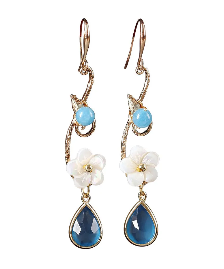 Boho Blue Copper Crystal Coloured Glaze Pearl Shell Flowwer Water Drop Drop Earrings FA296