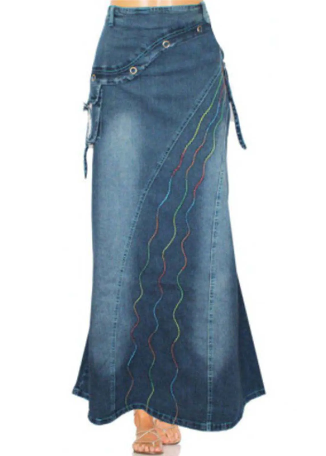 Boho Blue Embroideried Patchwork Denim Skirts Summer LY4028