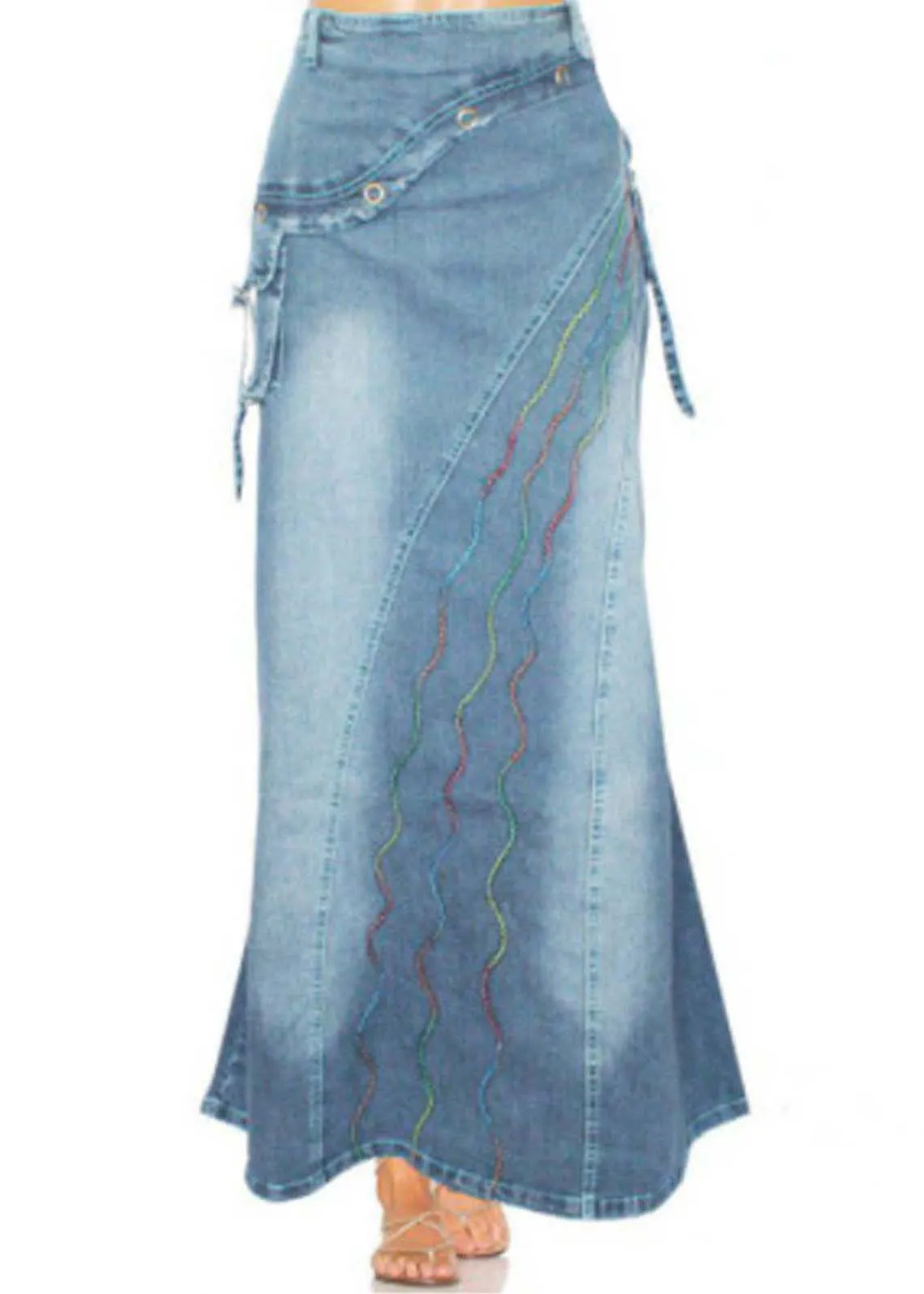 Boho Blue Embroideried Patchwork Denim Skirts Summer LY4028