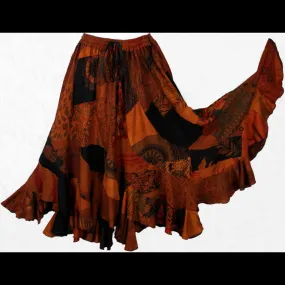 Brown Patchwork Long Swirl Skirt