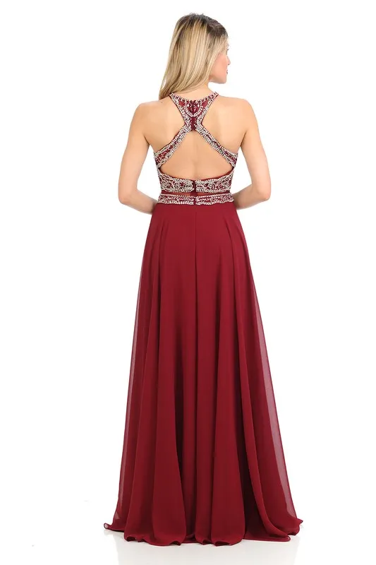 Burgundy Sheer Illusion Halter Razor Embellish Prom Dress