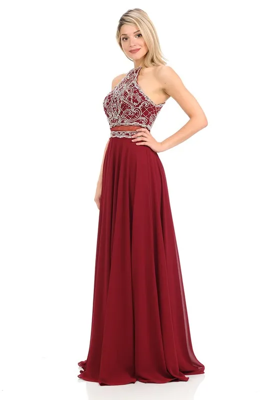 Burgundy Sheer Illusion Halter Razor Embellish Prom Dress