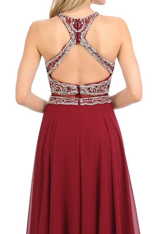 Burgundy Sheer Illusion Halter Razor Embellish Prom Dress