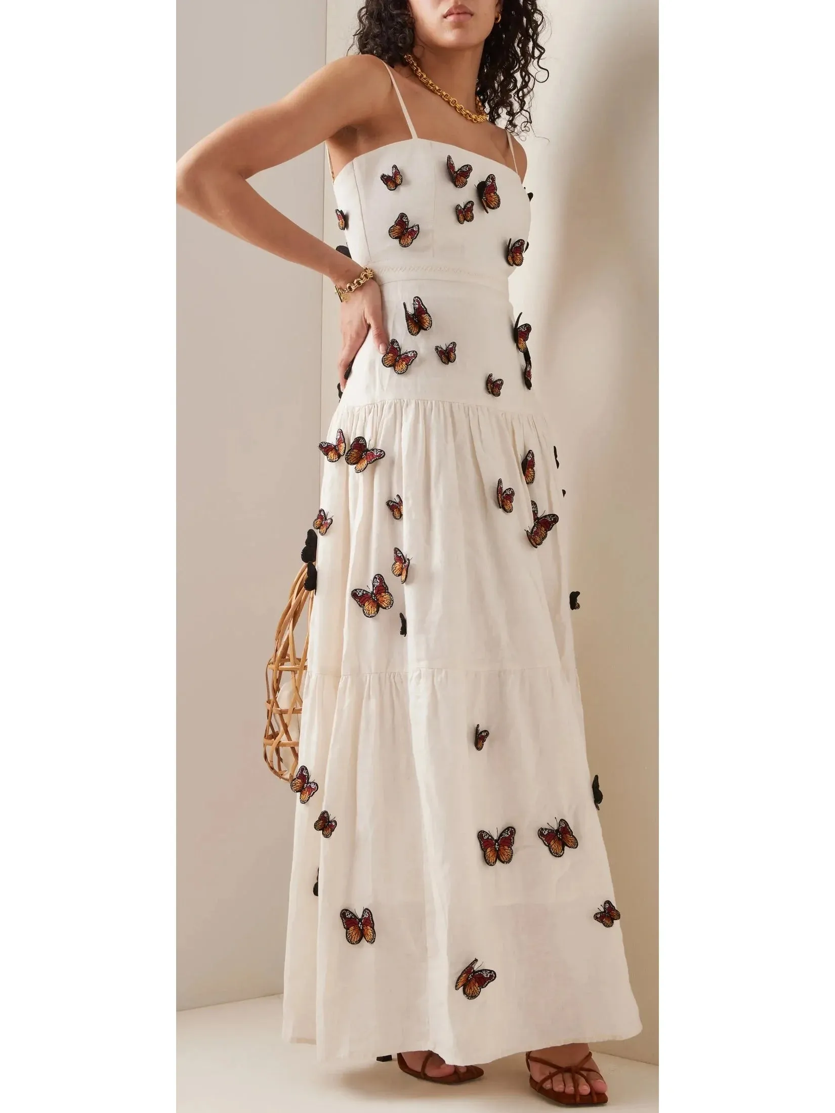 Butterfly Monarca Appliquéd Tiered Linen Dress