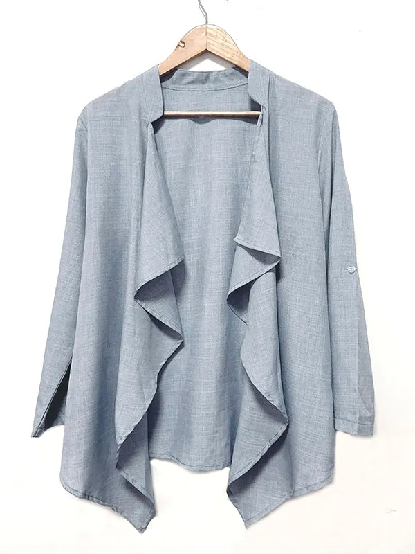 Buttoned Solid Color Long Sleeves Loose Collarless Outerwear