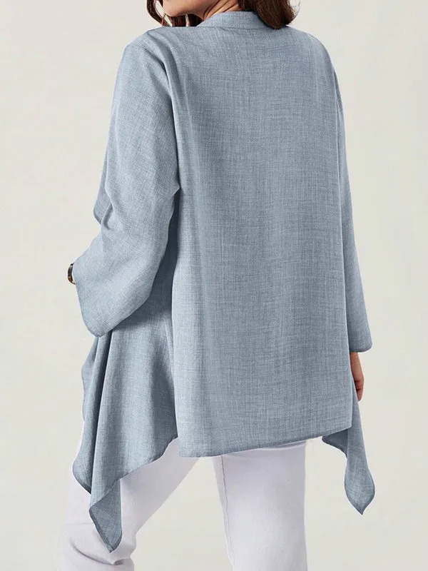 Buttoned Solid Color Long Sleeves Loose Collarless Outerwear