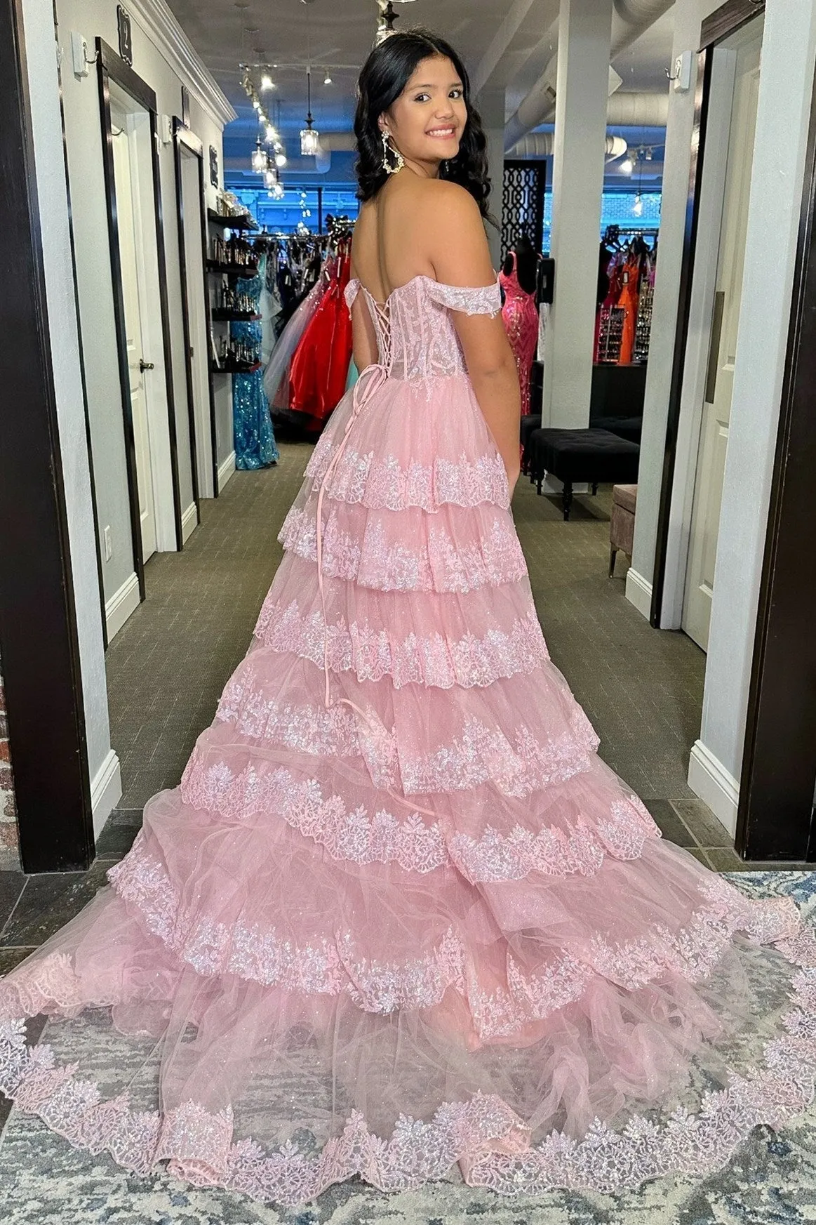 Ceryn | Pink Sequin Appliques Off-the-Shoulder Ruffle Tiered Long Gown