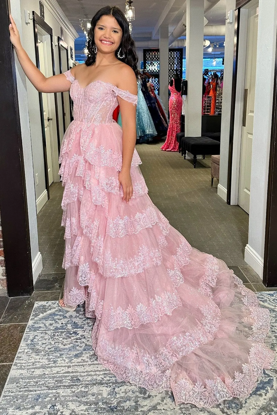 Ceryn | Pink Sequin Appliques Off-the-Shoulder Ruffle Tiered Long Gown