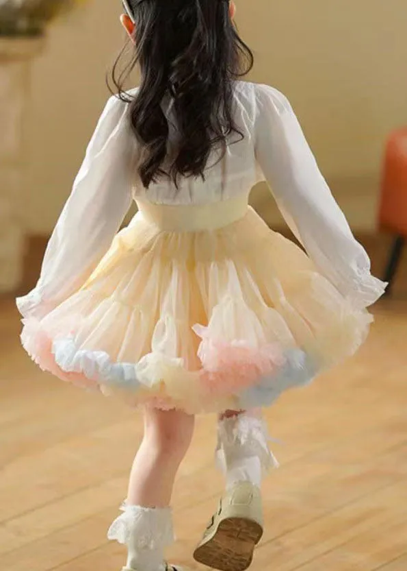 Chic Apricot Ruffled Patchwork Tulle Kids Girls Skirts Summer LY5432