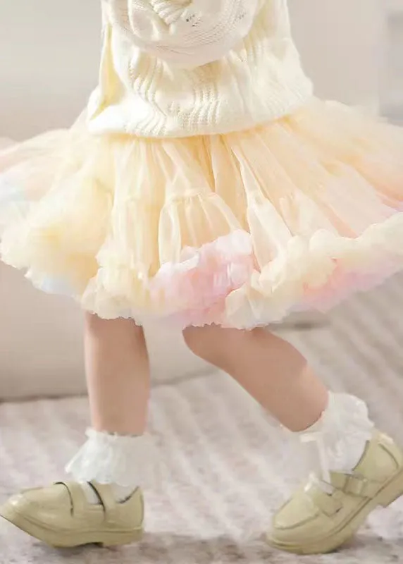 Chic Apricot Ruffled Patchwork Tulle Kids Girls Skirts Summer LY5432