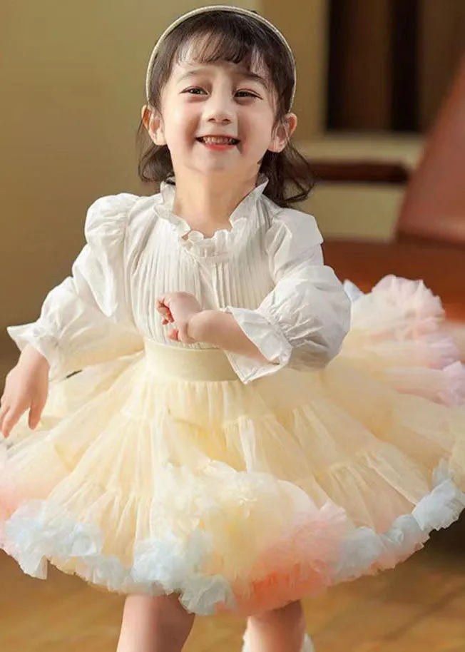 Chic Apricot Ruffled Patchwork Tulle Kids Girls Skirts Summer LY5432