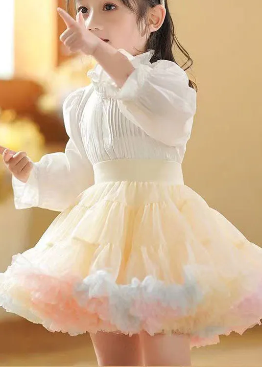 Chic Apricot Ruffled Patchwork Tulle Kids Girls Skirts Summer LY5432