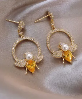 Chic Yellow Alloy Crystal Zircon Bee Hoop Earrings LY1800