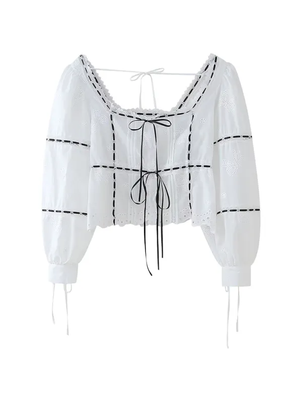 Classic Square Neck Blouse with Embroidered Balloon Sleeves