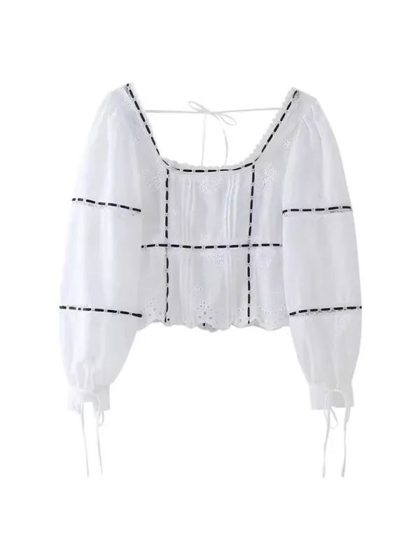 Classic Square Neck Blouse with Embroidered Balloon Sleeves