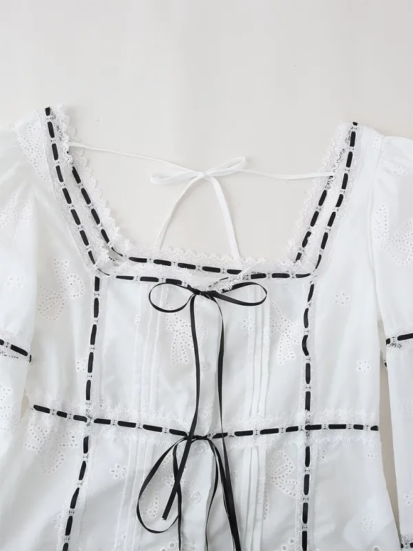 Classic Square Neck Blouse with Embroidered Balloon Sleeves