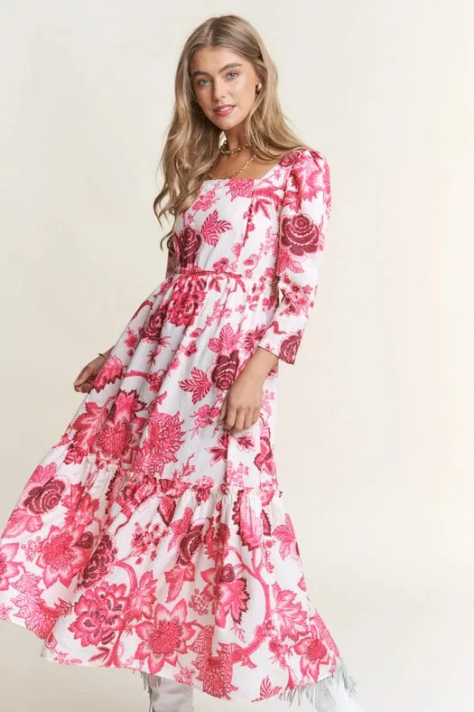 Classy Floral Tiered Long Sleeve Midi Dress