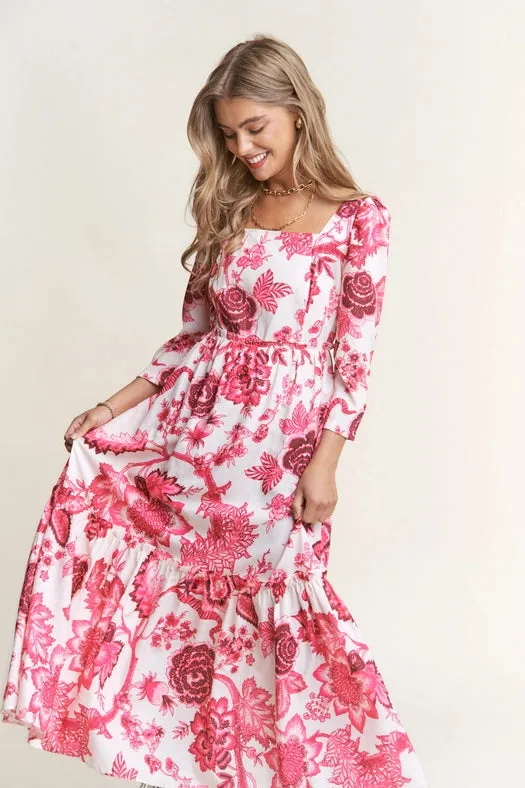 Classy Floral Tiered Long Sleeve Midi Dress