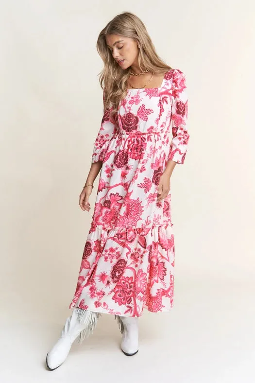 Classy Floral Tiered Long Sleeve Midi Dress