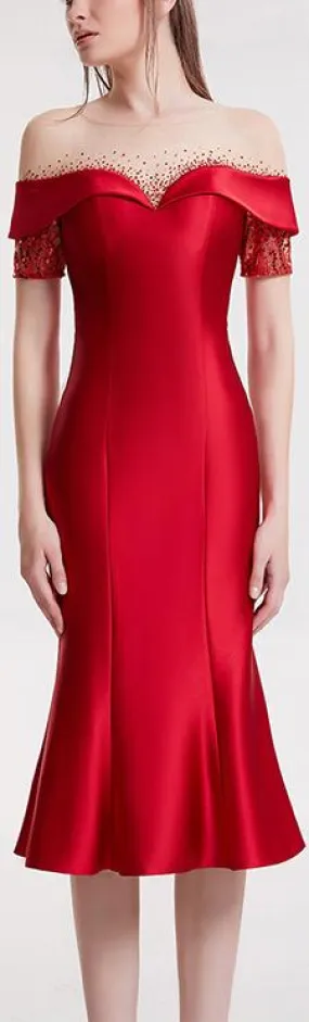 Crystal Sequined Red Fluted Evening Dress