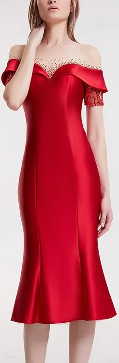 Crystal Sequined Red Fluted Evening Dress