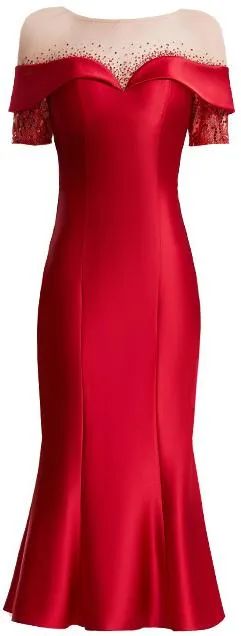 Crystal Sequined Red Fluted Evening Dress