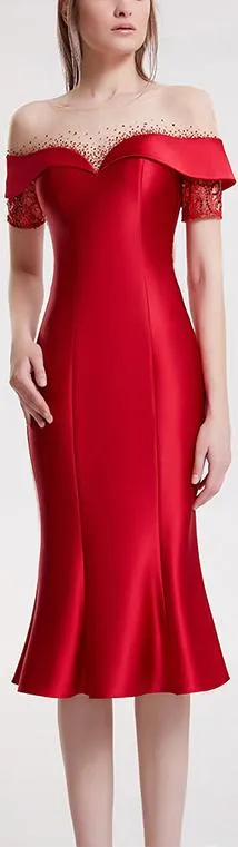 Crystal Sequined Red Fluted Evening Dress