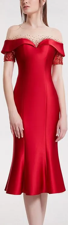 Crystal Sequined Red Fluted Evening Dress